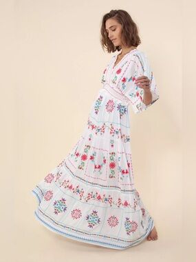 Hale Bob Neylan Embroidered Boho Maxi Dress White Floral V-Neck Size Small